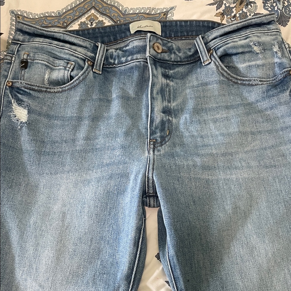 Kancan Juliet Mid Rise Raw Hem Flare Jeans